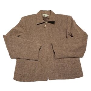Stephanie Andrews Wool Blend Brown Jacket Zip Up Herringbone Classic Career 8P